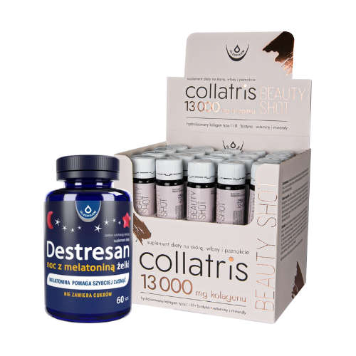 Zestaw Collatris Beauty SHOT 13 000 + Destresan noc z melatoniną, 20 fiolek + 60 żelków