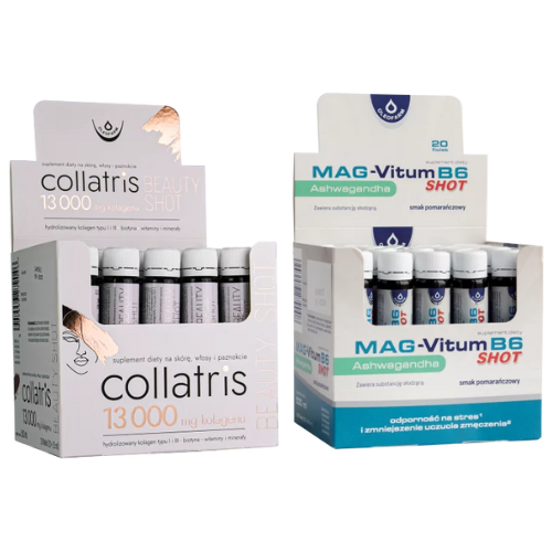 Zestaw 20 x Collatris Beauty SHOT 13000 mg + 20 x Mag-Vitum B6 Ashwagandha SHOT