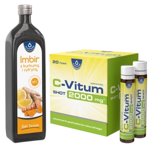 Zestaw Sok 100% NFC Imbir z kurkumą i cytryną + C-Vitum SHOT 2000mg witamina C, 980 ml + 20 x 25 ml