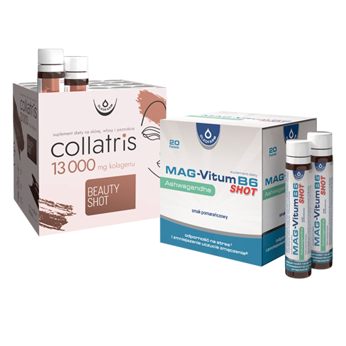 Zestaw Collatris Beauty SHOT 13 000 + Mag-Vitum B6 Ashwagandha SHOT, 20 fiolek + 20 fiolek