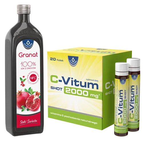 Zestaw Granat 100% sok z owoców granatu + C-Vitum SHOT 2000mg witamina C, 980 ml + 20 x 25 ml